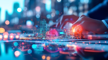 Digital Cityscape with Businessman on Tablet