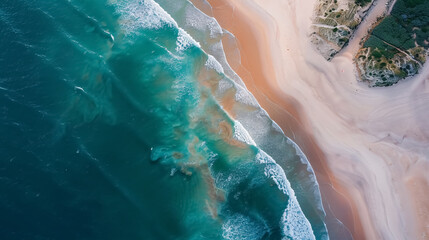 Fototapeta premium Aerial view of summer ocean and beach shoreline.