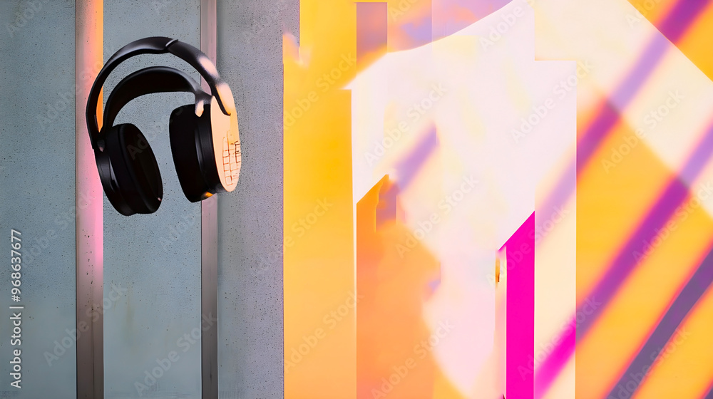 Poster modern headphones floating against a colorful abstract background with soft light and shadows. colla