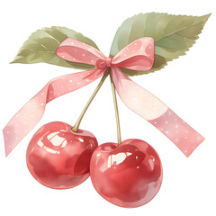 Two cherries with coquette dotted pink ribbon bow. Cute clip art watercolor illustration isolated on white background