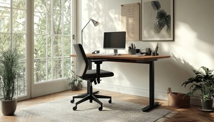 Stylish home office with wooden desk, ergonomic chair, and plants 4. Generative AI