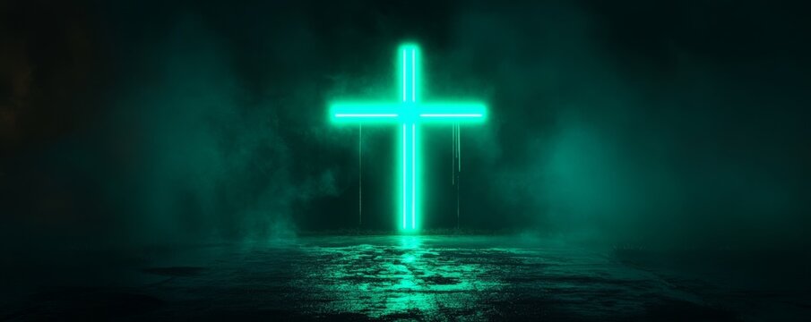 Neon cross in a misty atmosphere, spiritual
