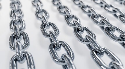 Fototapeta premium A close-up shot of heavy metal chains arranged on a clean, white background. The focus is on the texture and weight of the metal