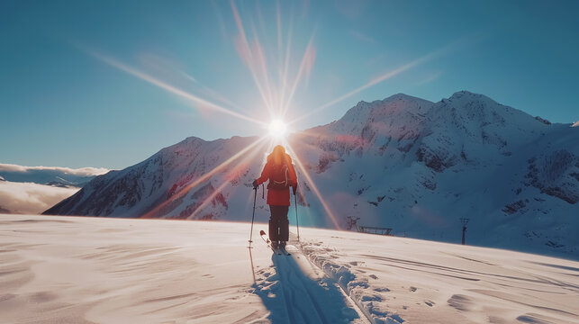 Sun shining over a woman skiing in the Arlberg massif.