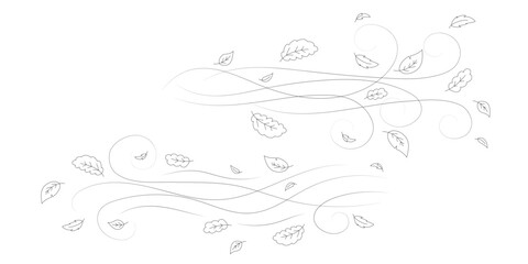 Doodle autumn leaves flying in the wind. Falling season outline backdrop, air flow leaves wave linear pattern or wind blowing doodle vector print. Autumn windy weather hand drawn monochrome background