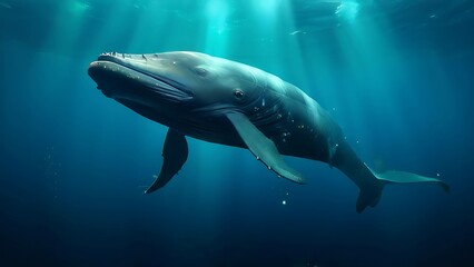 Fototapeta premium A Humpback Whale Swimming Through Sunbeams in the Ocean