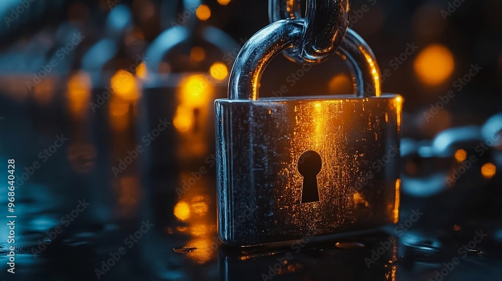 Aufkleber a silver lock with a keyhole and a chain hanging from it. the lock is surrounded by other locks, cre