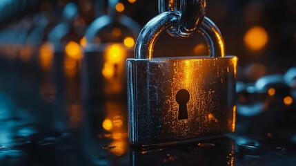 A silver lock with a keyhole and a chain hanging from it. The lock is surrounded by other locks, creating a sense of security and protection