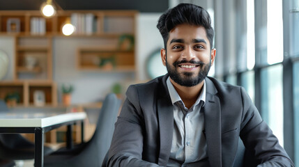 Obraz premium Young Indian Man Narrating in a Modern Conference Room with Business Model Display generative ai