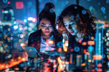 A man and a woman are looking at a tablet in a city