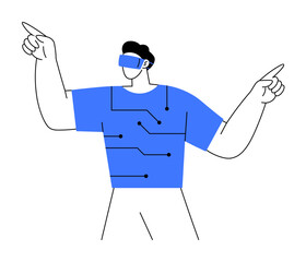 A person wearing a VR headset and pointing upward in both directions. Ideal for technology, virtual reality, modern education, futurism, innovation themes. Simple graphic style.