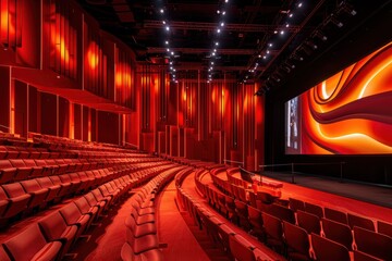 Naklejka premium A large auditorium with red lights and a stage