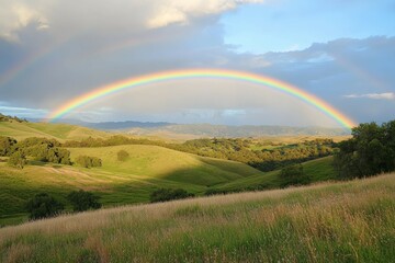 Obraz premium Rainbow Over Rolling Hills: A beautiful post-rain scene with a clear