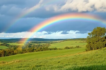 Fototapeta premium Rainbow Over Rolling Hills: A beautiful post-rain scene with a clear