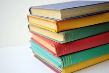 Fototapeta premium A stack of colorful hardcover books with red, green, blue, and yellow spines on a white background 