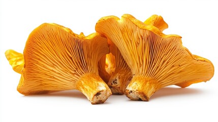 A Cluster of Bright Orange Chanterelle Mushrooms is Arranged Attractively Against a White Background