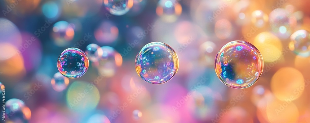 Poster colorful soap bubbles floating with bokeh