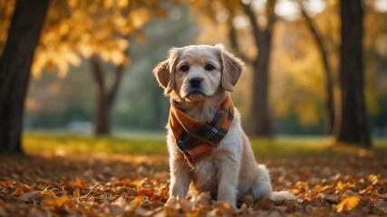 Charming Dog in Cozy Autumn Scarf Sitting on Fall Leaves