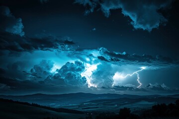 a photo Stormy Sky with Lightning Strikes: A dramatic, dark sky filled with rolling storm clouds and bright flashes of lightning cutting through the atmosphere
