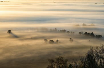 Landscape view at a sunrise with mist