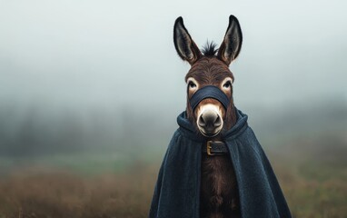 Obraz premium Donkey in a wizard costume with a flowing blue cape in a misty field, wizard donkey, funny farm animal
