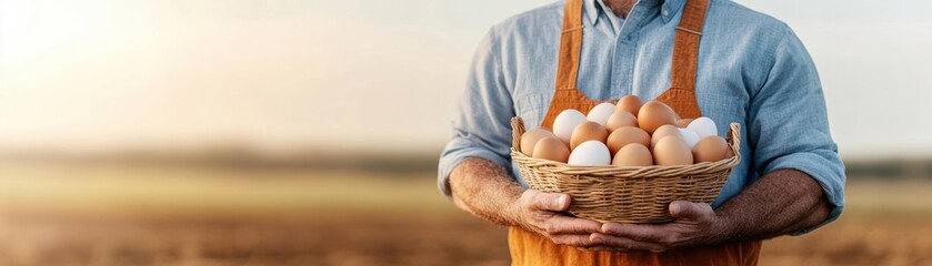 Farmer holding a basket of freshly collected eggs, standing in front of a poultry house, earthy tones conveying rural simplicity Poultry, Fresh Eggs, Farm Life