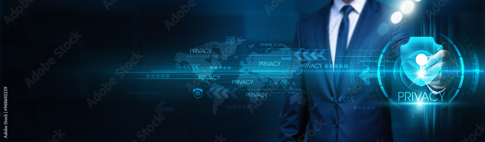 Aufkleber privacy. businessman touches privacy framework structure global network. privacy controls ensure sec