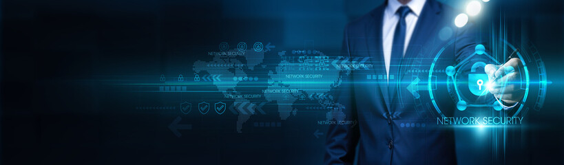 Network security. Businessman touches network security structure global network. Network security framework global connected. Network security system infrastructure secure global solutions.