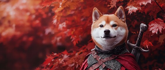 Shiba Inu dressed as a knight with a tiny sword in a spooky forest, knight dog, heroic Halloween pet, watercolor style