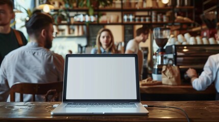 A blank screen mockup on a laptop in a cozy caf?(C), with a barista and other patrons in the background