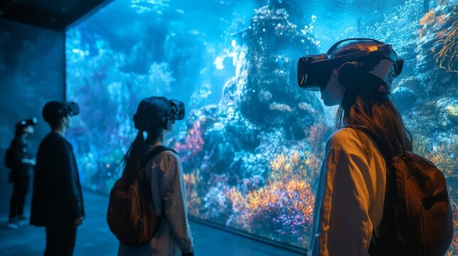 AI-guided virtual museum tour with interactive, customizable exhibits: Visitors experiencing a fully digital museum with personalized content.