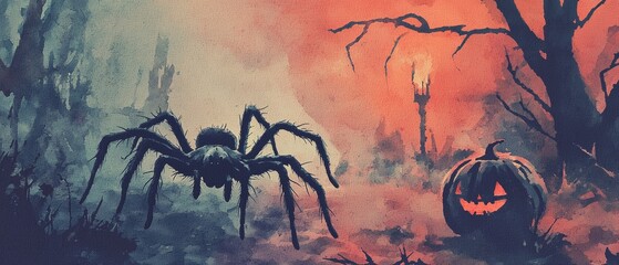 Tarantula in a miniature vampire cape on a spooky tabletop, vampire spider, creepy-crawly Halloween, watercolor style