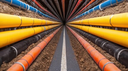 Illustrative cutaway of an underground utility installation beneath a road, showing layers of cables, pipes, and protective barriers