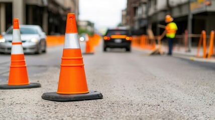 Detailed construction zone with temporary road signs, orange cones, reflective barriers, and a traffic flagger guiding vehicles