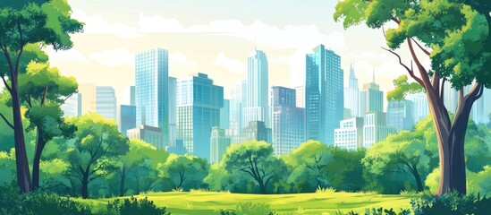 Obraz premium Vibrant cityscape illustration featuring lush greenery and urban elements