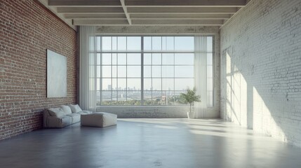 Fototapeta premium Apartment renovation concept featuring a brick wall concrete floor and a ceiling transformed into a room with white shades complemented by a view from the window 3D rendering