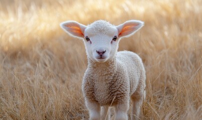 Fototapeta premium A Young Lamb Stands in a Golden Field, Enjoying the Warmth of the Afternoon Sun During Springtime
