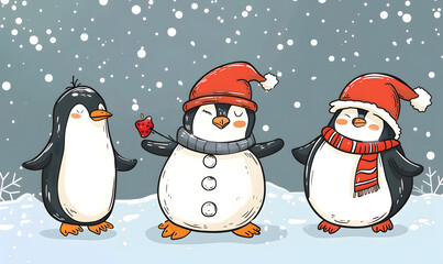 Obraz premium New Year and Christmas card, graphic advertising backgrounds in a doodle 2D illustrator style