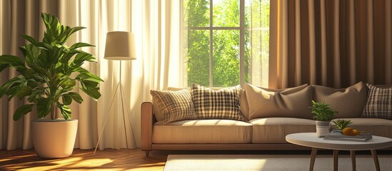 Fototapeta premium Contemporary room featuring a sofa cushions plaid potted plant drapes and a table with a white lamp showcasing interior design in a 3D illustration