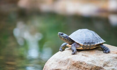 Fototapeta premium Close-up of a grey turtle resting on a rock in a peaceful pond , wildlife, shell, reptile, aquatic, animal, nature, tranquility 