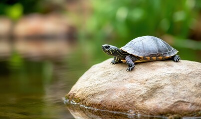 Fototapeta premium Close-up of a grey turtle resting on a rock in a peaceful pond , wildlife, shell, reptile, aquatic, animal, nature, tranquility 