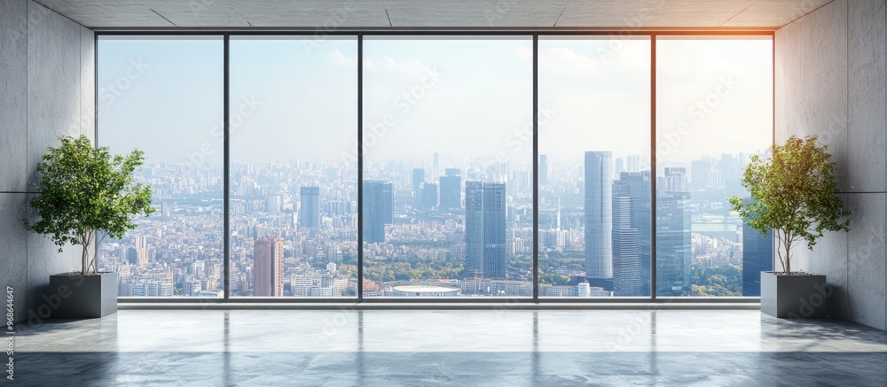 Poster stunning panoramic view of a vibrant city from a contemporary empty room during daytime ideal for sh