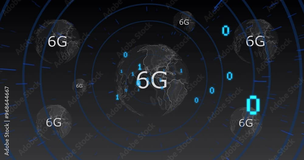 Poster animation of 6g text, binary coding digital data processing over globe