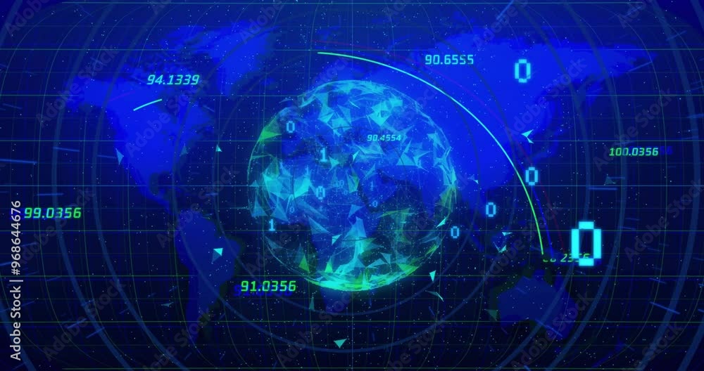 Poster animation of binary coding digital data processing over globe and world map