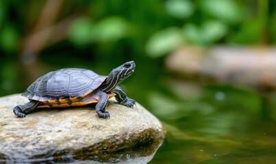 Close-up of a grey turtle resting on a rock in a peaceful pond , wildlife, shell, reptile, aquatic, animal, nature, tranquility