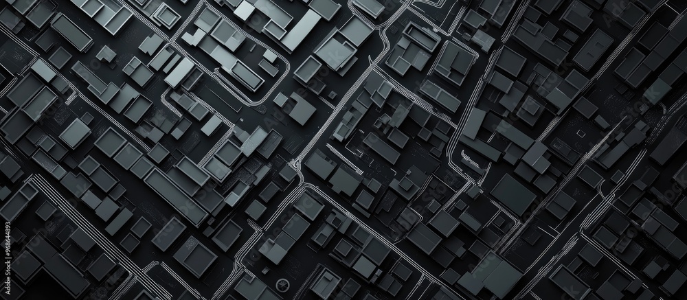 Poster stylized map depicting streets with white lines on a black background top down flat view rendered in