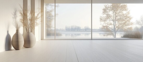Fototapeta premium Concept of a minimalist Scandinavian interior featuring vases on a wooden floor expansive walls and a view of a serene white landscape through a window 3D illustration