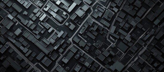 Stylized map depicting streets with white lines on a black background Top down flat view rendered in 3D for a striking illustration