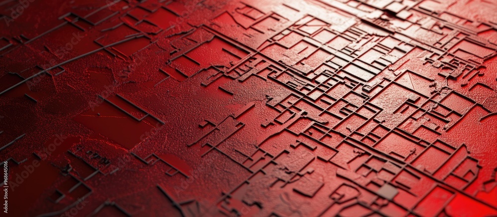 Poster street map engraved on a red metal background featuring a flat view with light illuminating from abo