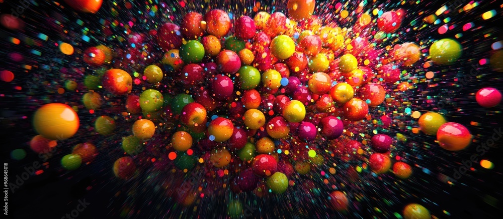 Poster vibrant apple explosion in a spherical formation circular array created by scattered apple elements 